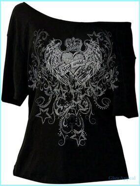 Oversized Off Shoulder Graphic Tee Short Sleeve Y2K Goth T-Shirt